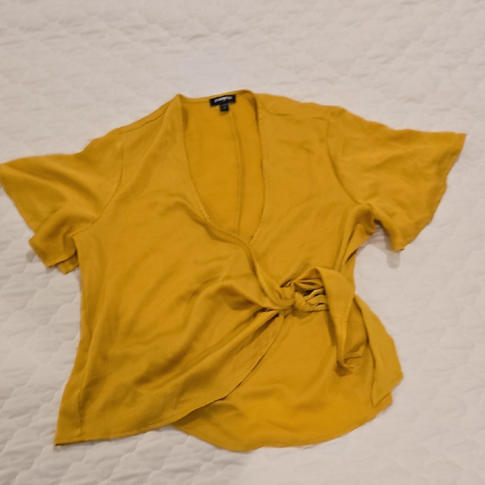 Express Yellow Flutter Sleeve Blouse with Tie Front